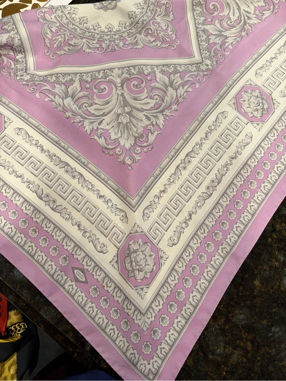 Authentic Versace Lilac and Gray Baroque Silk Scarf
